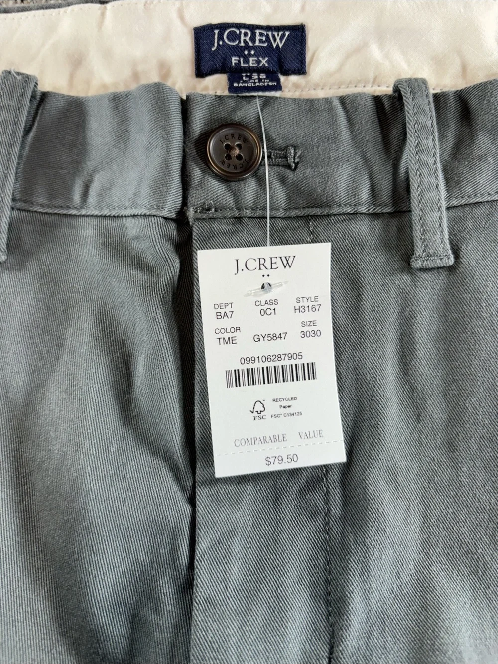 NWT J. Crew Men’s 30/30 Slate Gray Slim Fit Flex Chino Pants